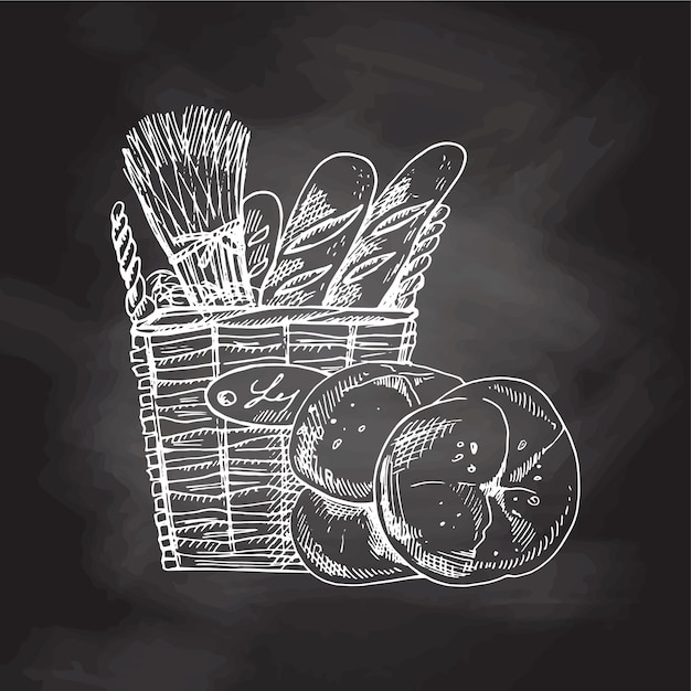 Vector hand drawn sketch illustration of wicker square basket with baguettes and buns Chalkboard background white drawing Sketch icon and bakery element