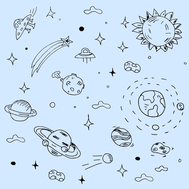 Vector hand drawn space galaxy icons or drawings, planets, stars