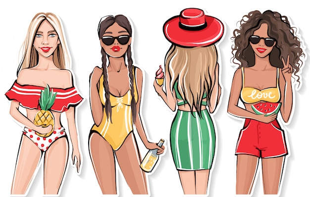 Vector hand drawn summer girls. Cute tanned Girlfriends in trendy outfit.