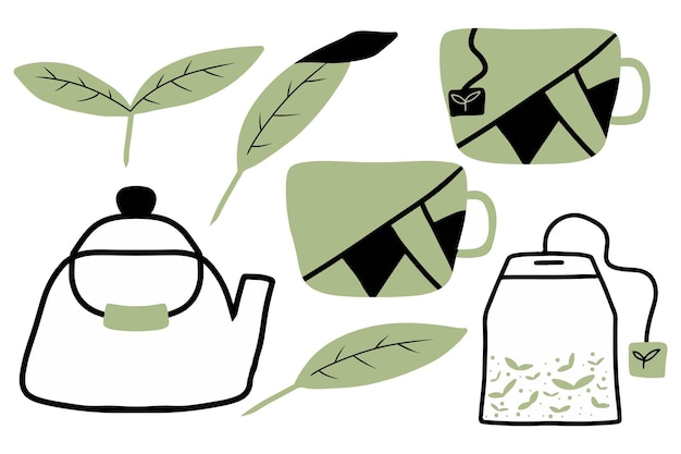 Vector hand drawn tea set tea icons set