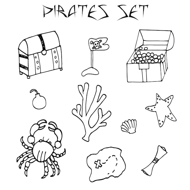 Vector hand drawn treasure and pirate adventures set of icons for web