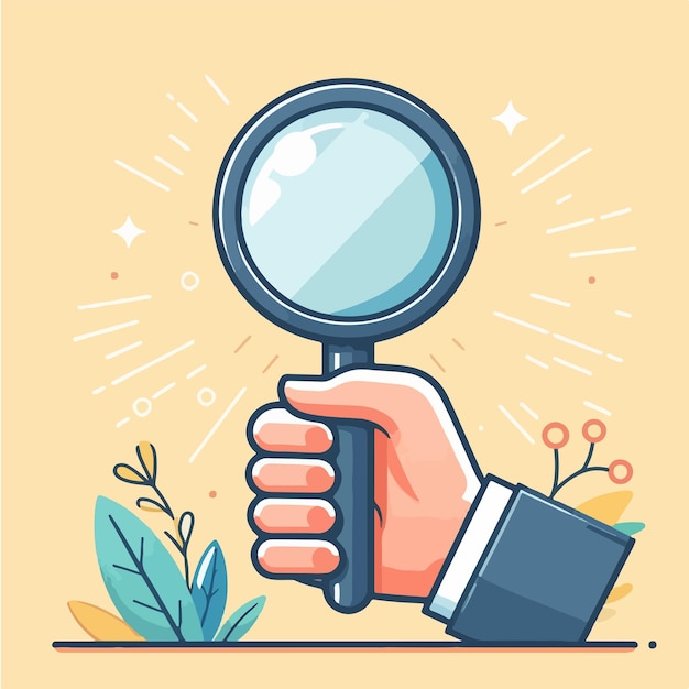 Vector hand holding a magnifying glass with a simple flat design style