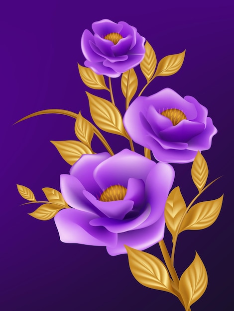 Vector hand painted purple flowers with gold leaves