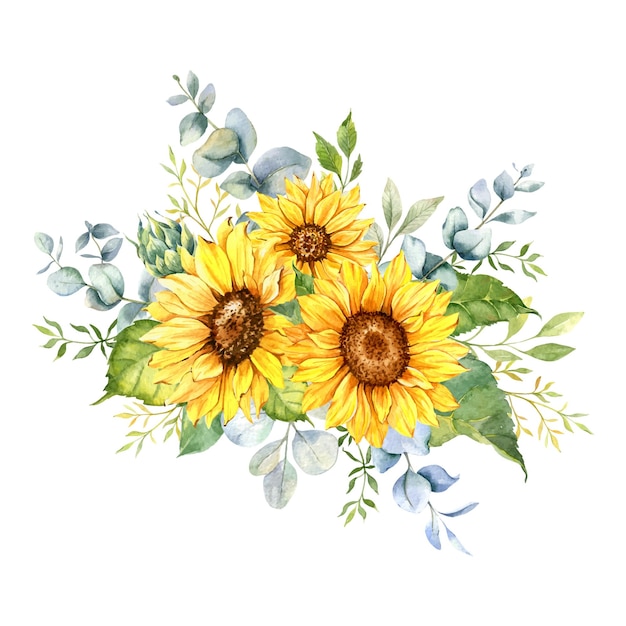 Vector hand painted sunflower bouquet watercolor illustration