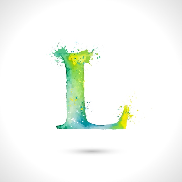 Vector hand painted watercolor alphabet, splash elements design, letter L