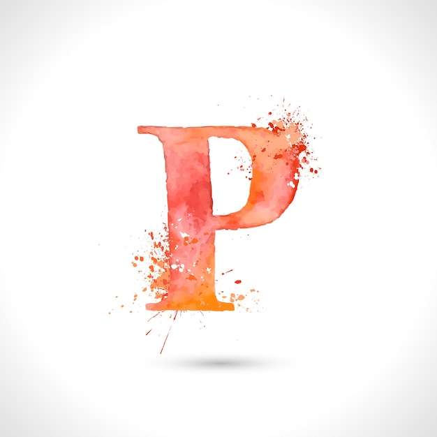 Vector hand painted watercolor alphabet, splash elements design, letter P