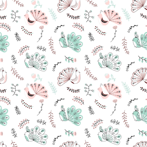 Vector handdrawn childish seamless pattern with peacock and floral on a white background