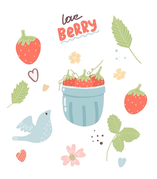 Vector handdrawn clipart with strawberries Illustration with berries for postcard stickers advertising design menus