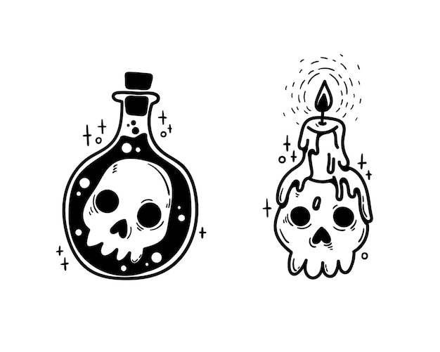 Vector handdrawn illustration Set of isolated clipart of cartoon black and white skulls a candlestickskull a skull in a flask