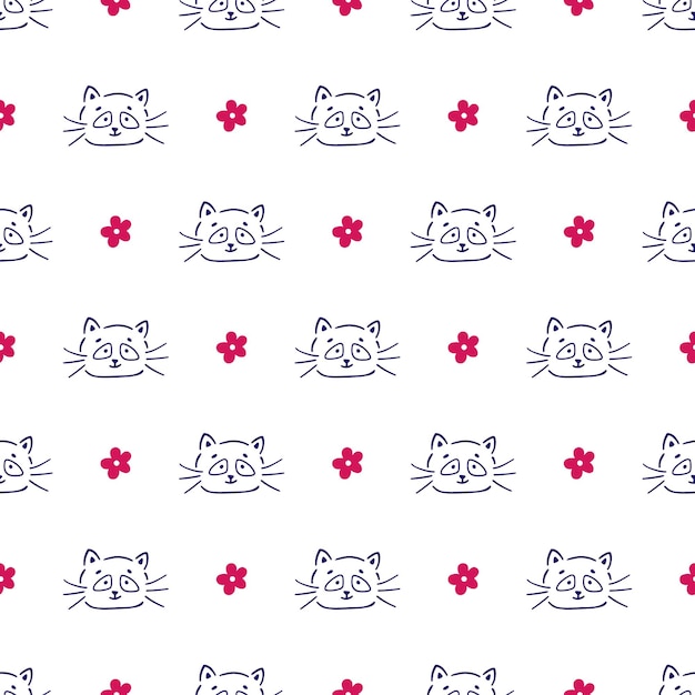 Vector handdrawn seamless pattern with cute smiling cat and flower Doodle style Kid background