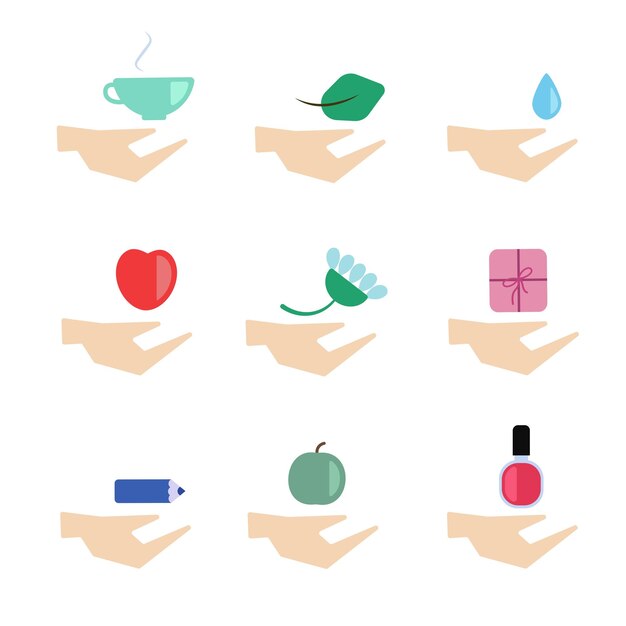 Vector hands with items set illustration