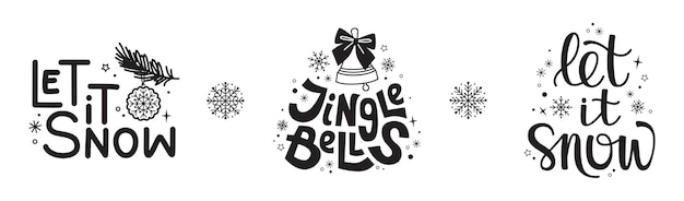 Vector handwritten christmas lettering isolated on white background quote let it snow jingle bells