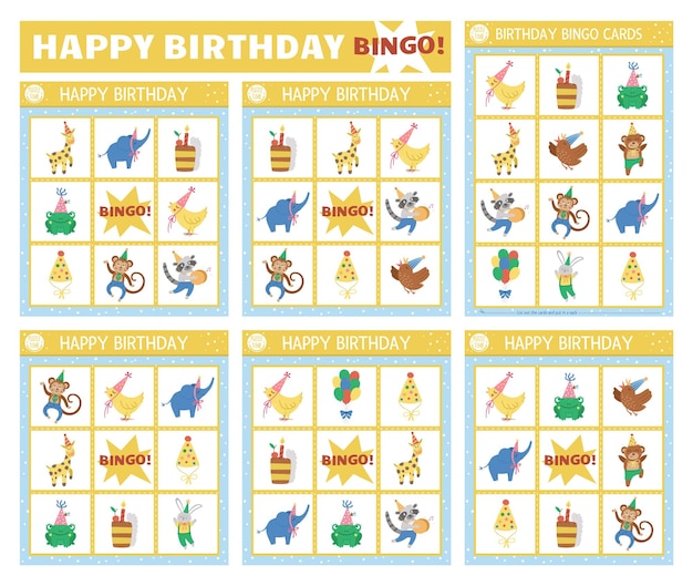 Vector Happy Birthday bingo cards set Fun family lotto board game with cute animals balloons cakes for kids Holiday party lottery activity Simple educational printable worksheetxA