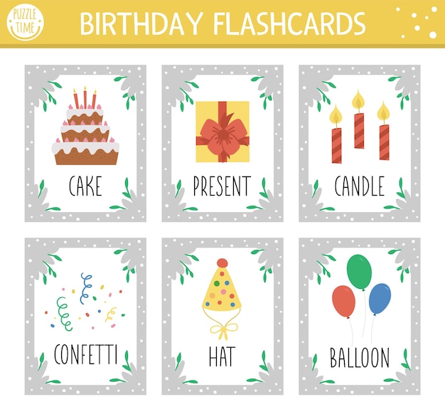 Vector Happy Birthday flash cards set English language game with cute candle balloons cake for kids Holiday party flashcards Simple educational printable worksheetxA