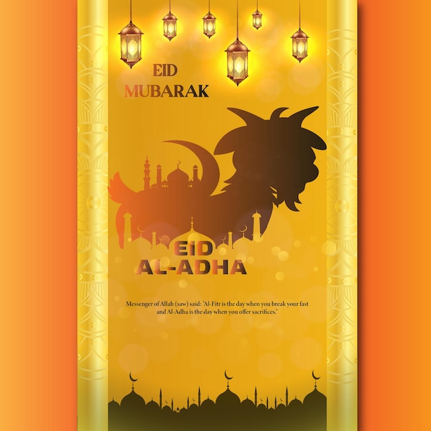 Vector happy eid al adha poster with a background of lanterns moon goat and masjid