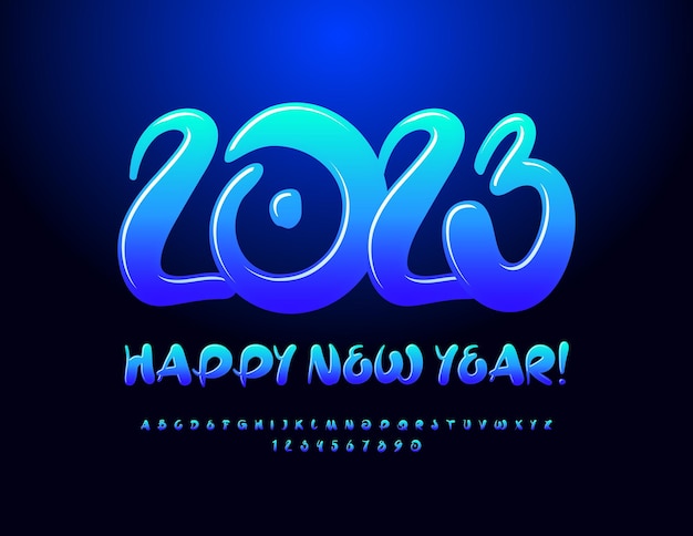 Vector happy Greeting Card Happy New Year 2023! Blue gradient Font. Handwritten Alphabet Letters