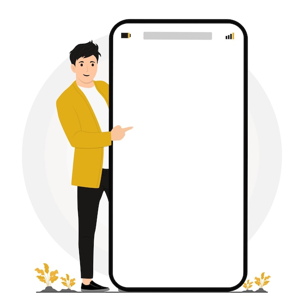 Vector happy man showing blank space phone boards