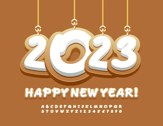 Vector Happy New Year greeting card with ginger cookies 2023! Bright Playful Font. Creative Alphabet