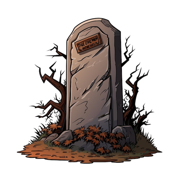 vector headstone with skeleton head tombstone in cemetry ancient tombstone with trees vector illustration on white background