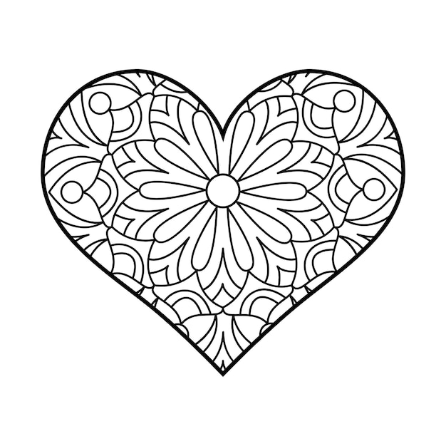 Vector heart linear coloring page for Valentine's Day. Floral outline geometric ornaments