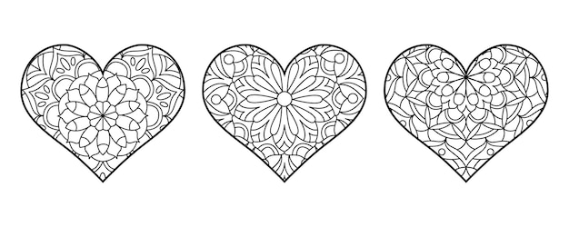 Vector heart shape coloring Line art geometric and floral ornaments Valentines coloring page