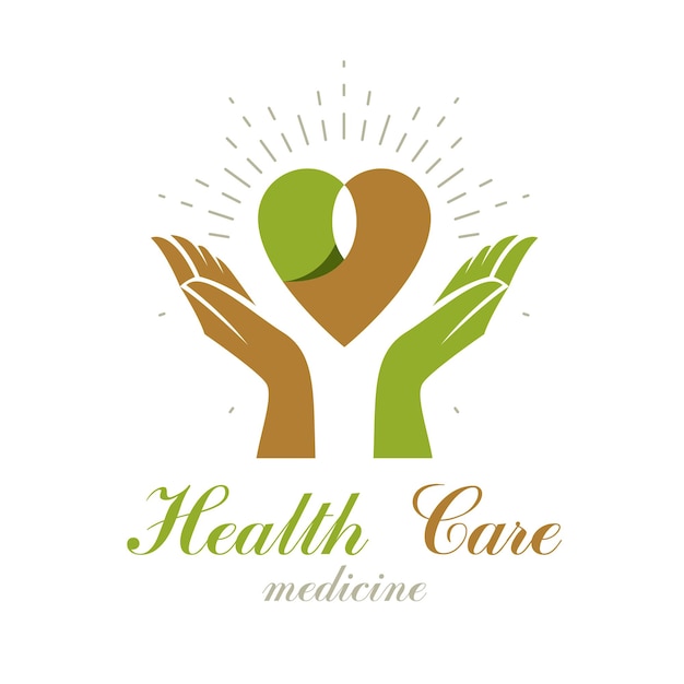 Vector heart shape composed with green leaves and caring hands. Medical rehabilitation abstract logo for use in charitable organizations.