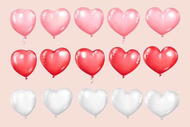 Vector heart shaped glossy balloons isolated set Red pink and white decoration element for Valenti