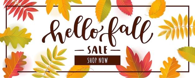 Vector Hello Fall Sale horizontal promotion banner. Falling autumn leaves with shadows isolated on white background