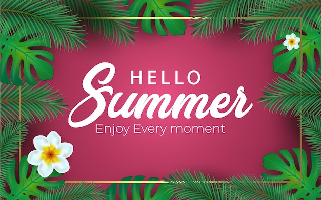 Vector hello summer illustration with typography letter and tropical palm leaves