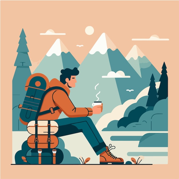 Vector hiking people are sitting in the mountains drinking coffee