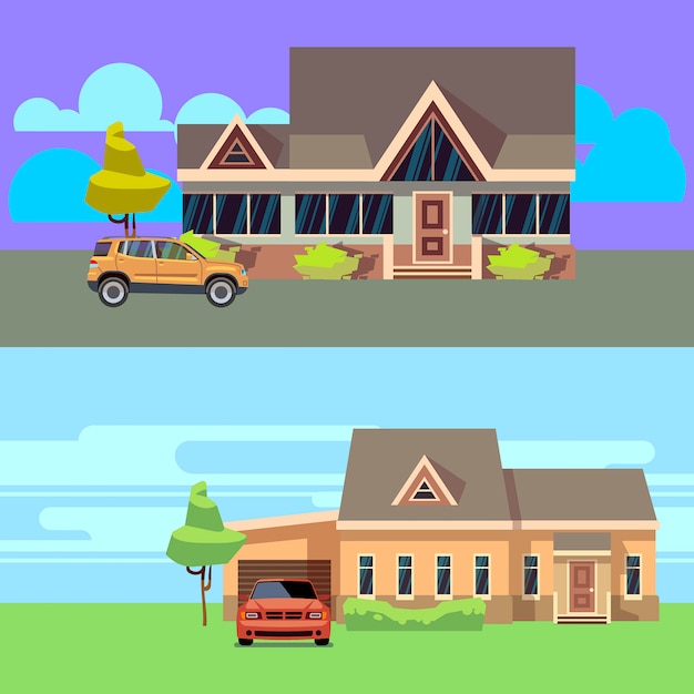 Vector horizontal background set with houses with cars. Home with car, cottage residential and garage