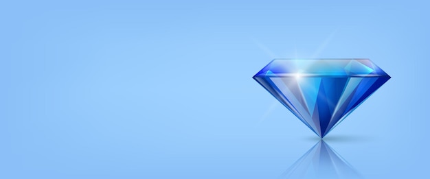 Vector vector horizontal banner with 3d realistic blue transparent triangular glowing gemstone