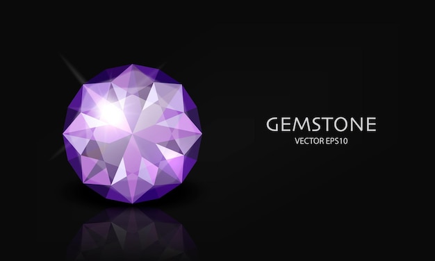 Vector Horizontal Banner with 3d Realistic Purple Transparent Gemstone Diamond Crystal Rhinestones Closeup on Black Jewerly Concept Design Template Clipart