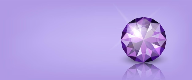 Vector vector horizontal banner with 3d realistic purple transparent round glowing gemstone diamond crystal rhinestone closeup on purple background with reflection jewerly concept design template