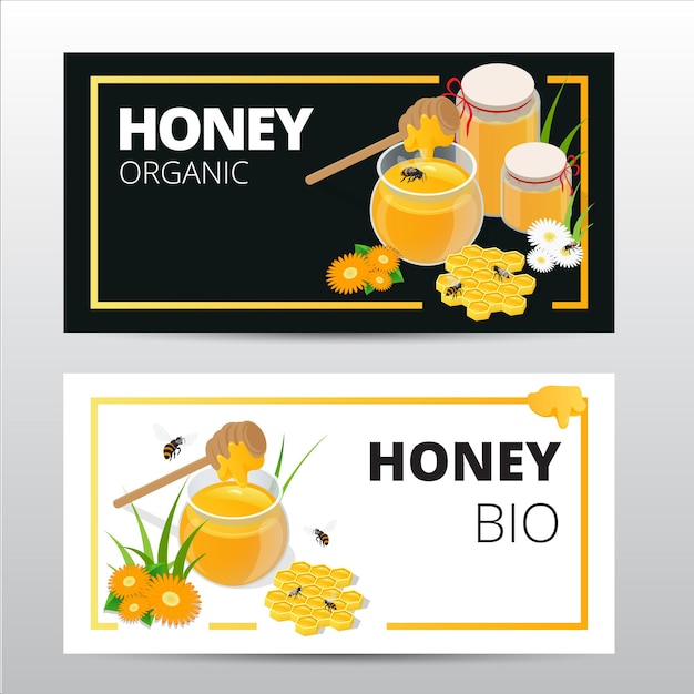 Vector horizontal banners set with sweet honey, honeycomb and jar full of natural flower honey isolated on white background.