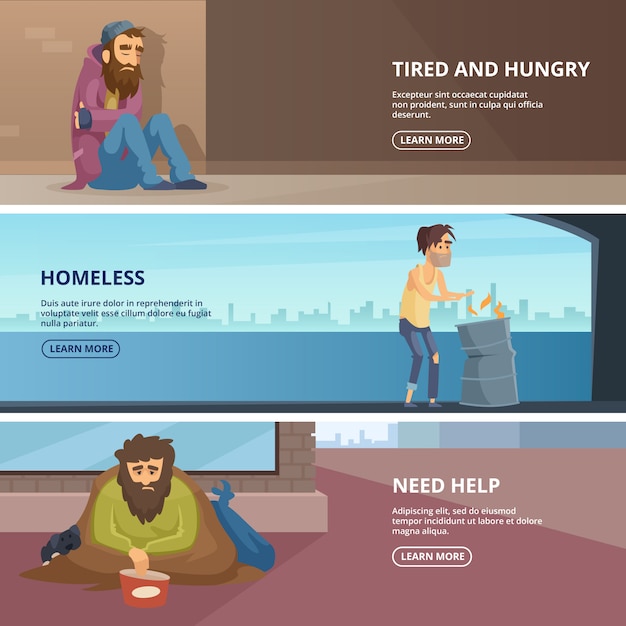 Vector vector horizontal banners with illustrations of poor and homeless peoples