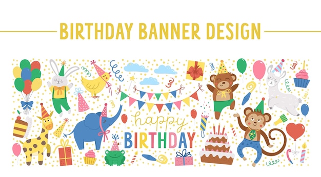 Vector horizontal frame with happy Birthday elements. Traditional anniversary party clipart. Funny design for banners, posters, invitations. Cute festive holiday card template with cute animals.