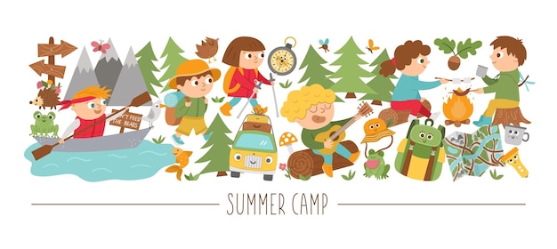 Vector horizontal set with cute comic forest animals and children doing summer camp activities Card template design with woodland characters and kids on holidays Funny active trip borderxA