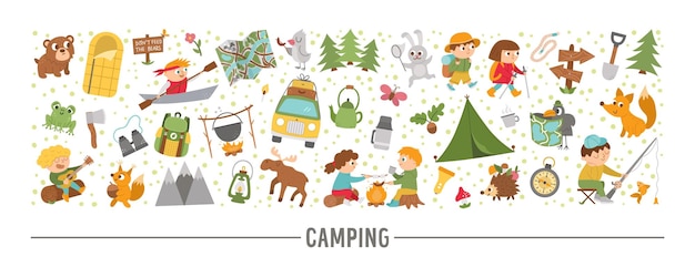 Vector horizontal set with cute comic forest animals elements and children doing summer camp activities Card template border design with woodland characters and kids on holidays xA