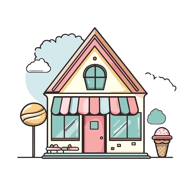 vector house made of ice cream simple lines on white background Generative AI