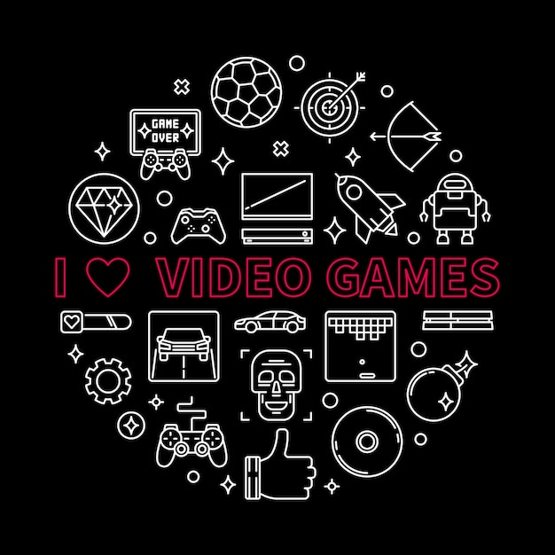 Vector I Love Video Games concept round outline illustration