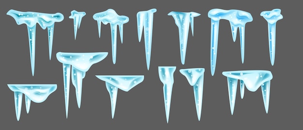 Vector icicle winter Christmas set isolated blue frozen ice 3D sharp cornice crystal collection