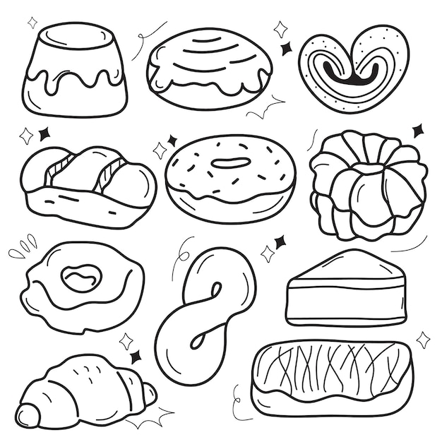 vector icon outline set bakery. Such as donuts, croissants, cookies. Isolated background. Black line