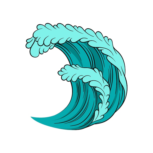 Vector icon of powerful sea wave High ocean tide Blue water with black outline Marine and nautical theme