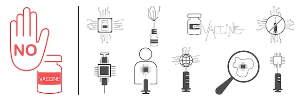 Vector icon set covid19 vaccine end of coronavirus Anti vaccine Anti chip 2021 world antivaccine