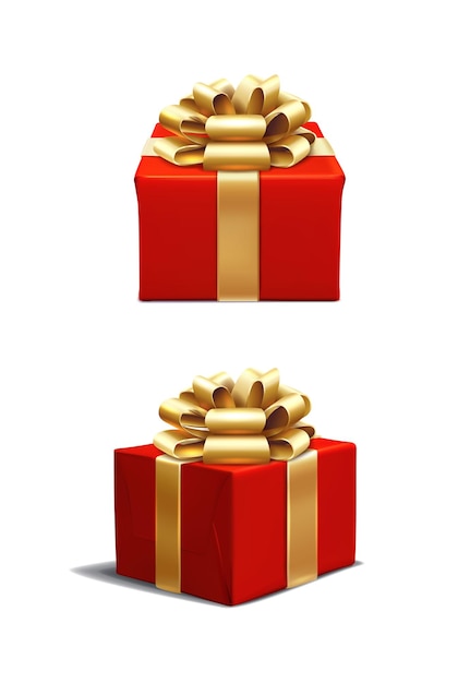 vector icon set Red rpesent box with gold ribbon and golden bow in side and front view Isolated on white background