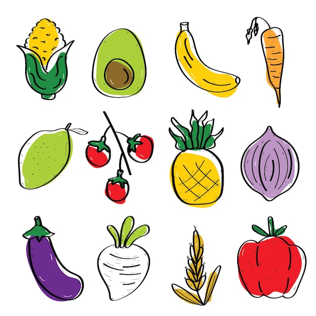 Vector. Icon set  vegetables, fruits, hand drawn. isolated background