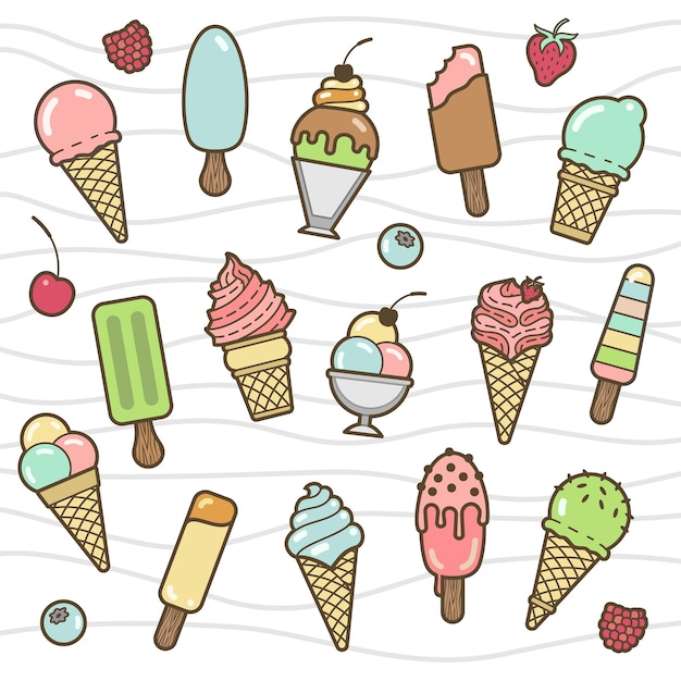 Vector icon set of yummy colored ice cream. Collection of different flavours and kinds