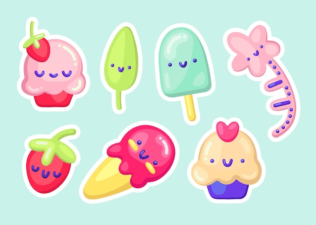 Vector icon and sticker set. Cartoon kawaii sweets, cupcakes, ice cream for print, decor, textile