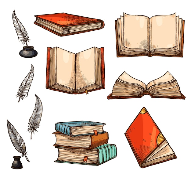 Vector icons of old books and manuscripts sketch